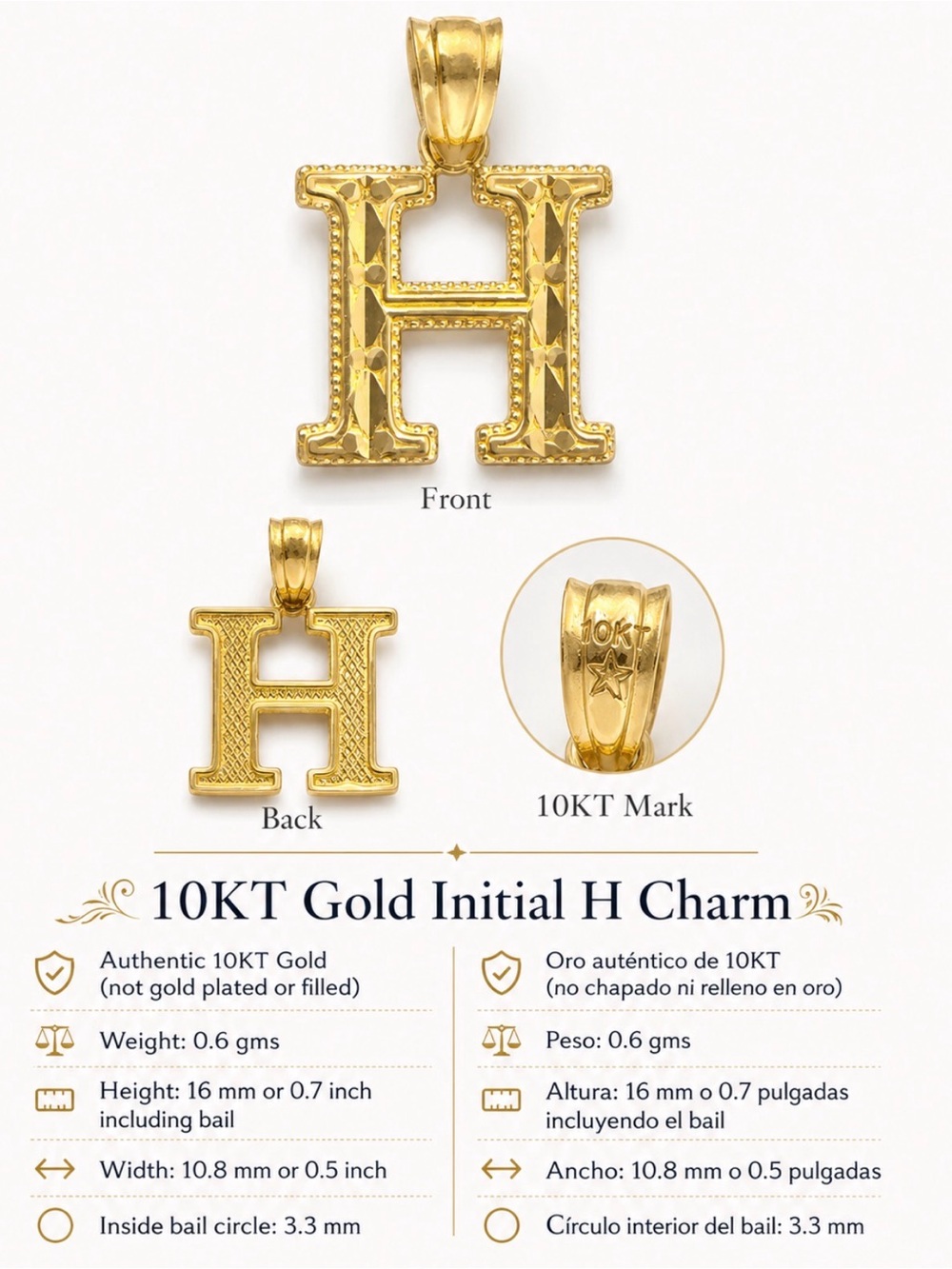 10KT Gold Initial H Charm Pendant